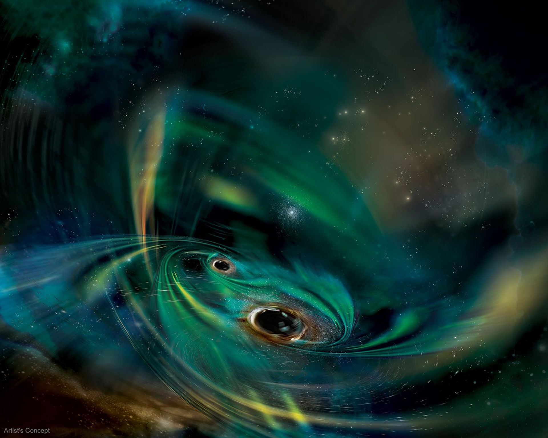 Due voraci buchi neri in un'immensa nuvola di gas